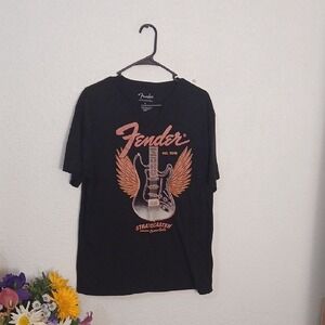 Fender Black Tee with Orange Guitar Design